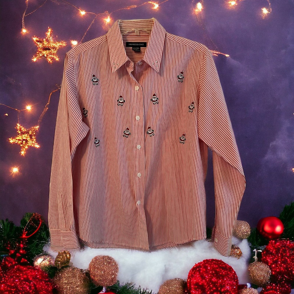 Impressions Ladies Long Sleeve Striped Shirt with Santas Size 12